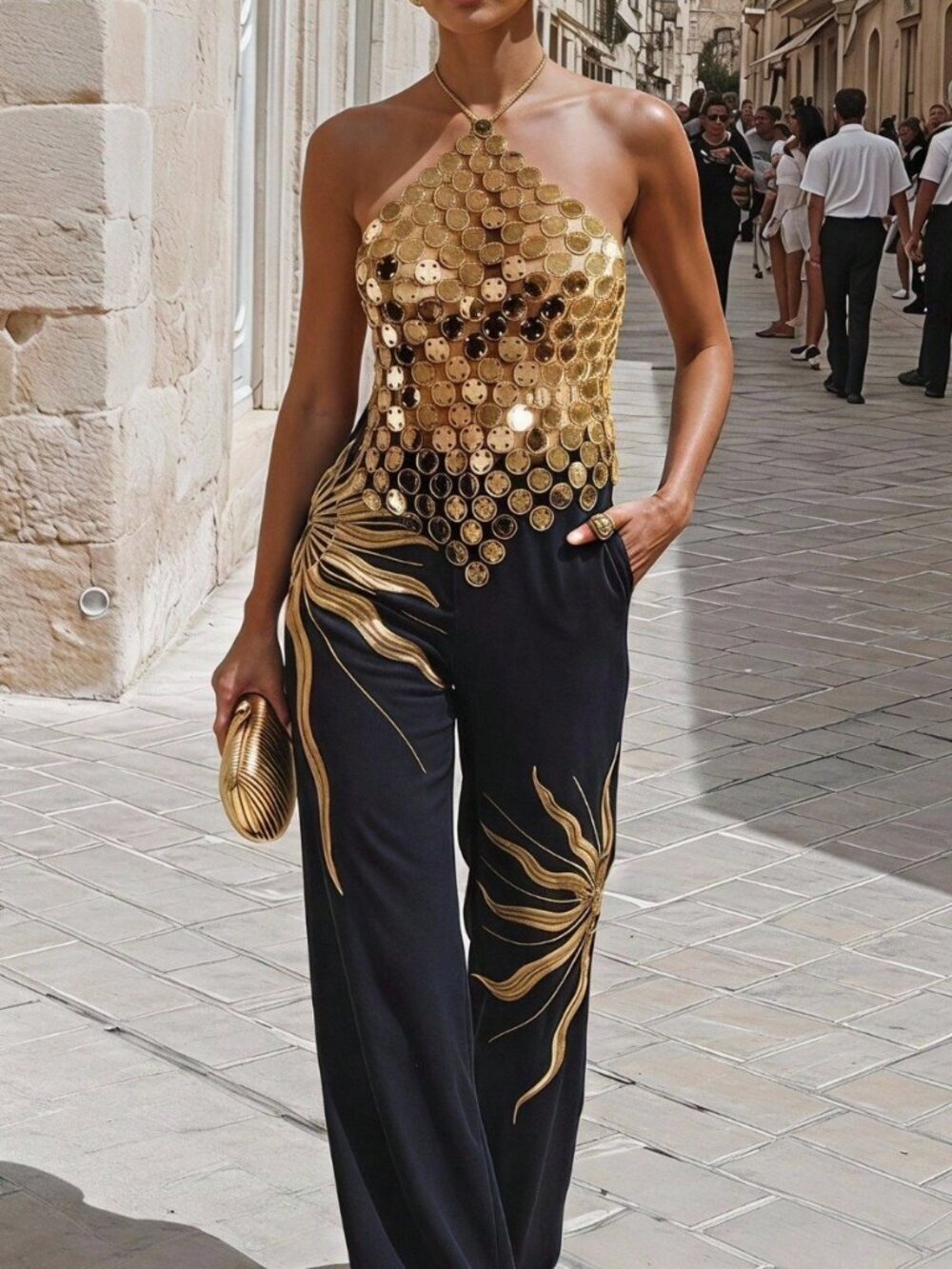 Gold Party Women's Sexy Asymmetric Hem Halter Backless Tank Top - Picture 7 of 8